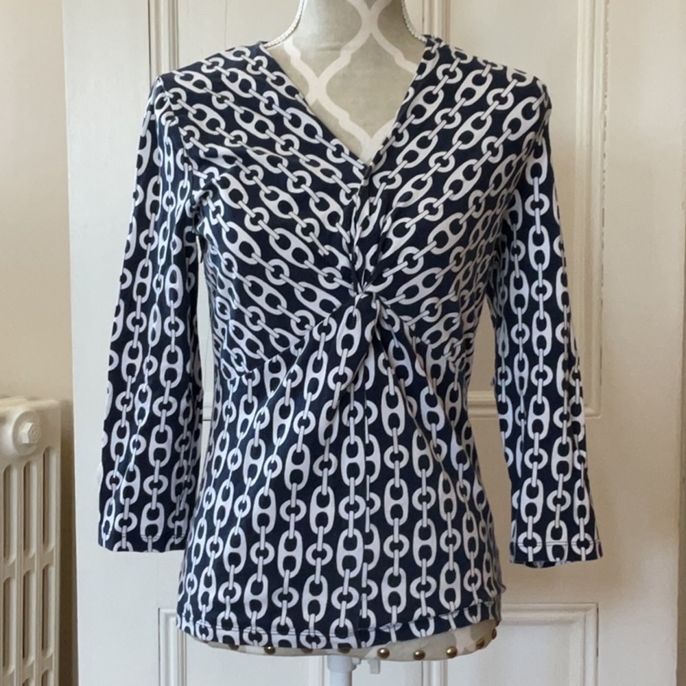 Jones New York Signature Navy and White print top